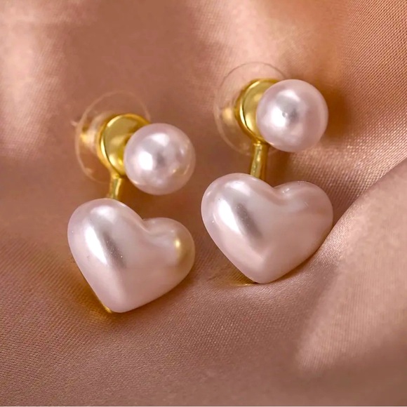 Faux Pearl Double Heart Earrings - Picture 3 of 5